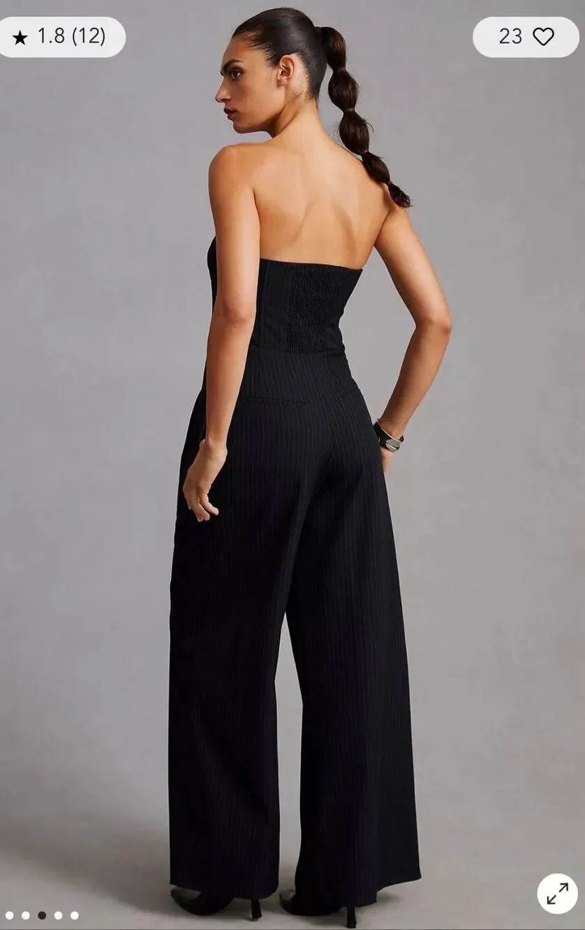 Anthropologie Dark Navy White Tailored Wide Leg Corset Pinstripe Jumpsuit Size 2